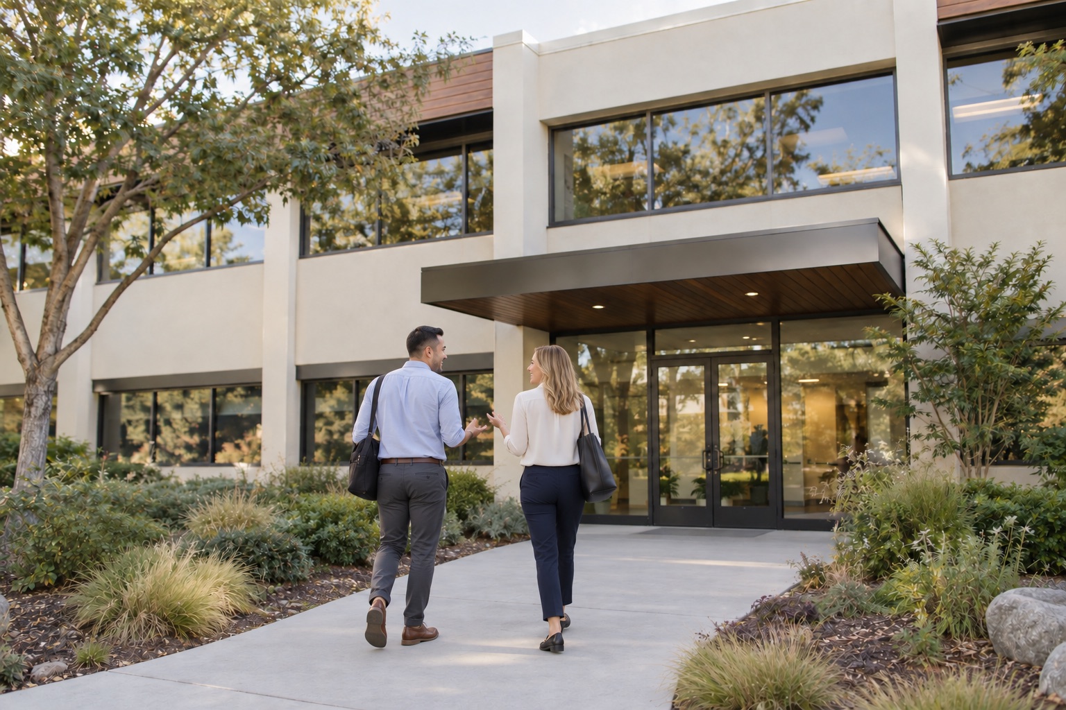 Two coworkers in business casual clothing chatting as they arrive at a West Coast office