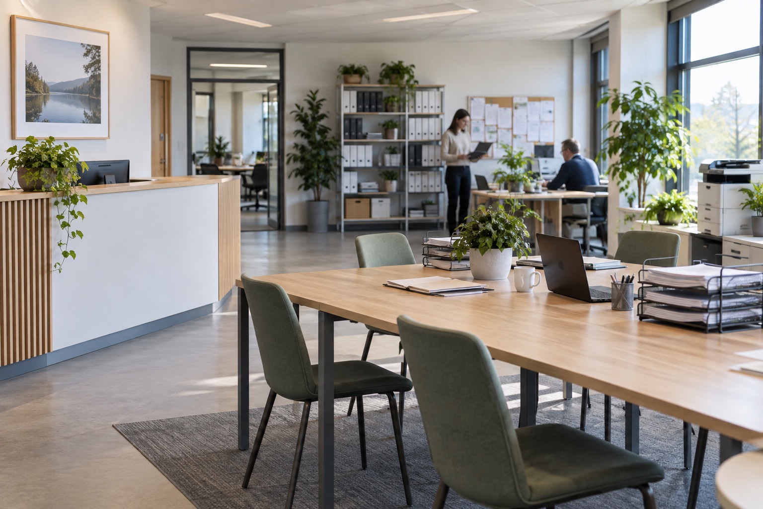 Open administrative office with colleagues working in the background