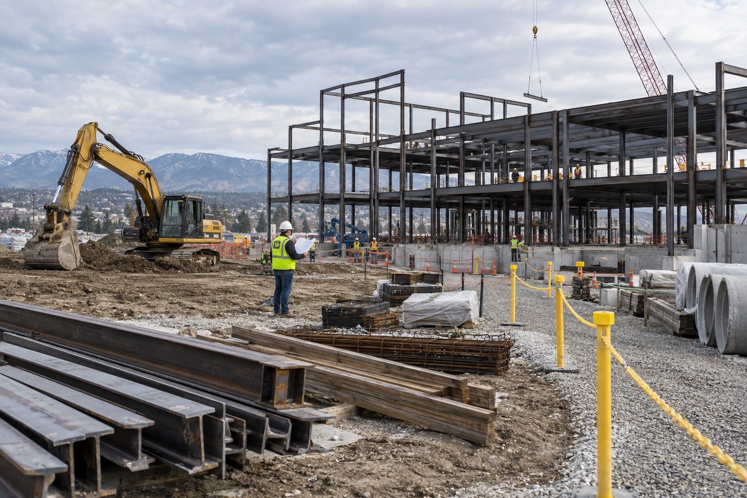 Commercial construction site with a supervisor reviewing plans