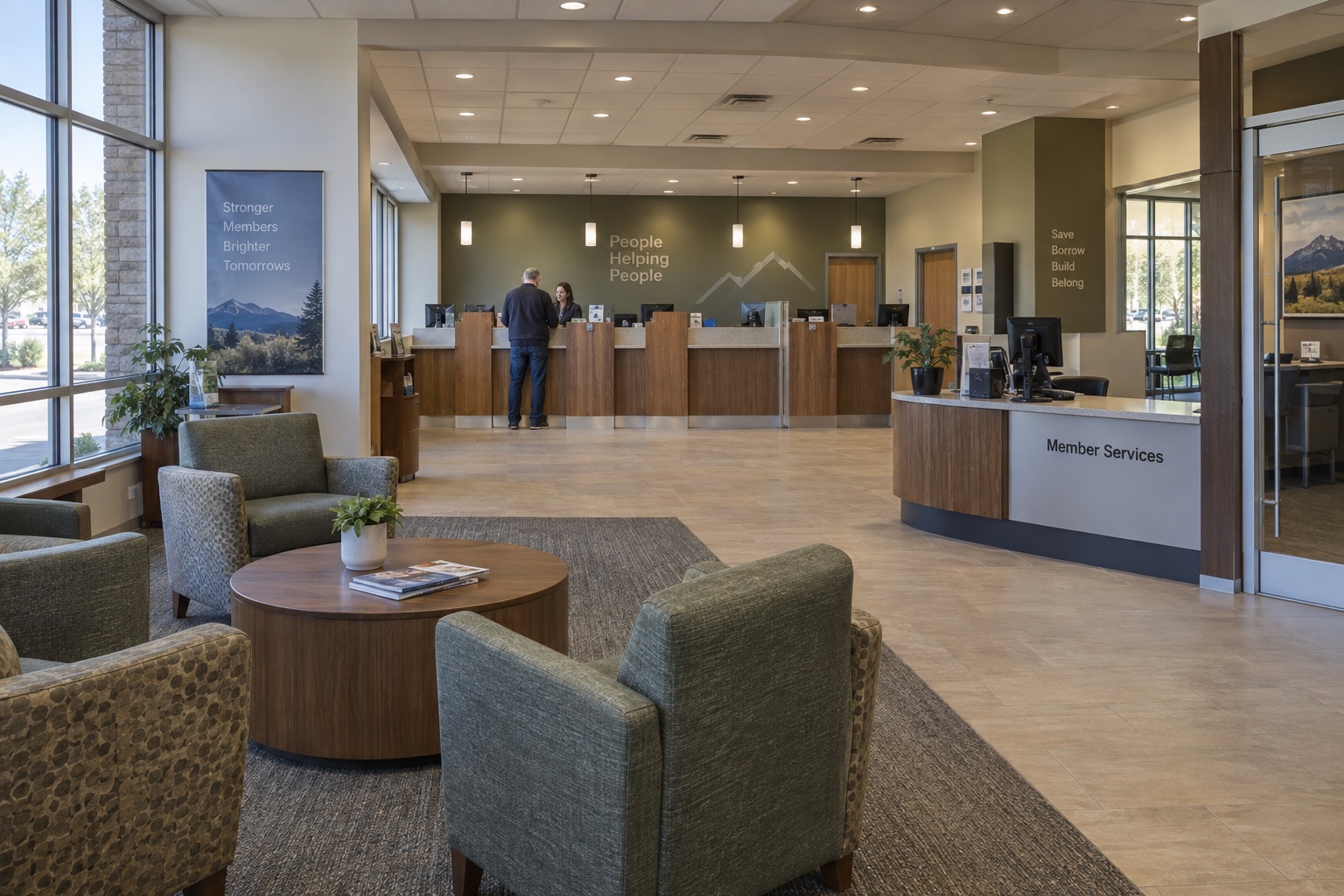 Credit union branch with a teller assisting a member