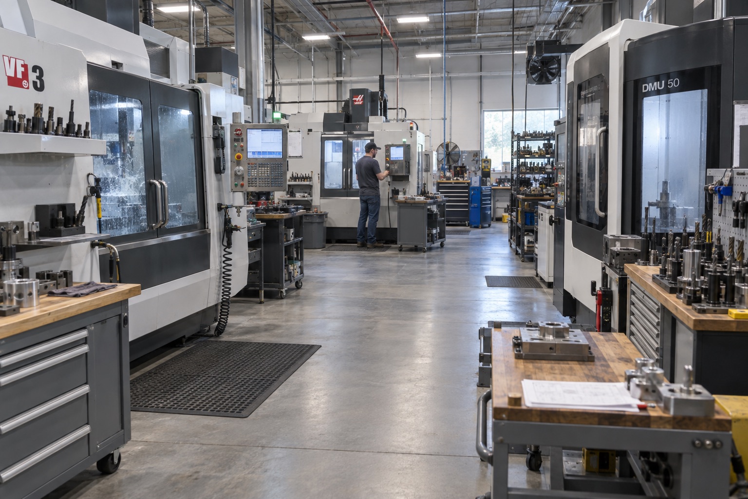 CNC machine shop with a machinist working in the background