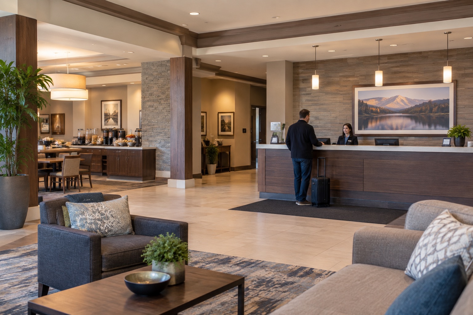 Hotel front desk with a receptionist, guest and adjacent breakfast buffet